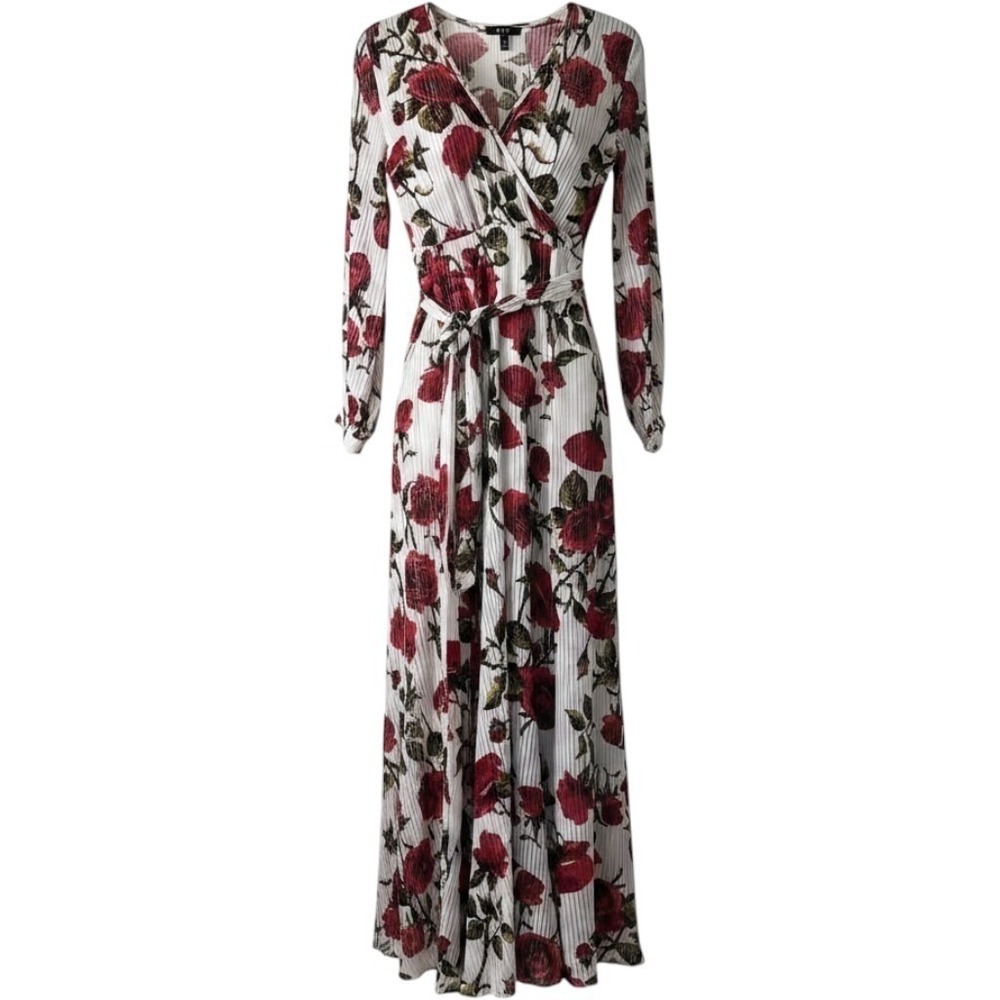 The Moon Womens M Floral Maxi Dress White Red Rose Faux Wrap Boho Romantic